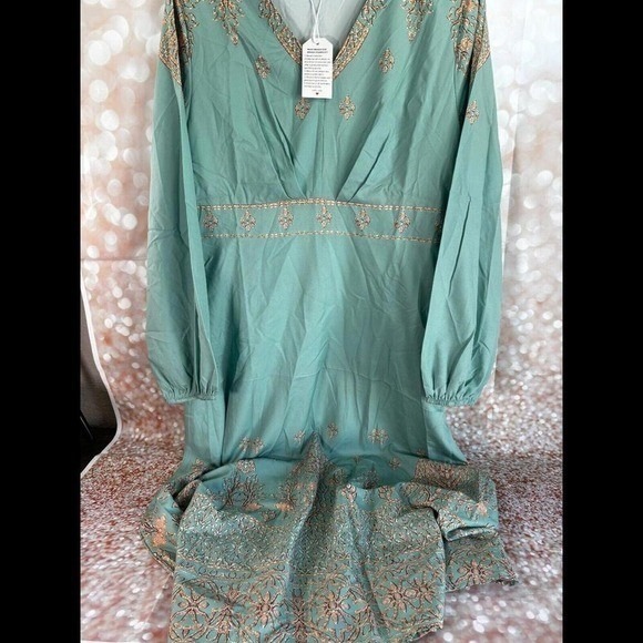 Bohemian Embroidered V Neck Maxi Dress Teal Long Sleeve Flowy Resortwear XL - Picture 6 of 8